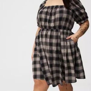torrid Black and White Plaid Square-Neck Plus-Size Mini Dress